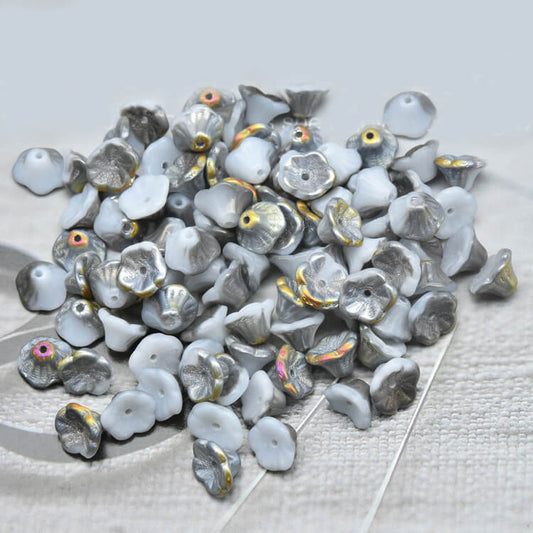 Czech Bell Flower Beads - White Alabaster Marea 5x8 mm, 02010-28001(300 pcs)