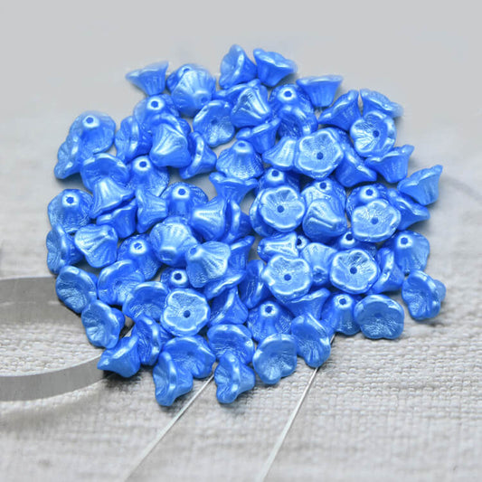 Czech Bell Flower Beads - White Alabaster Pastel Azure Blue 5x8 mm, 02010-25020(300 pcs)