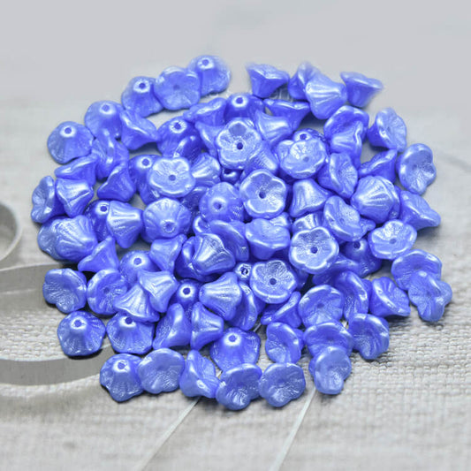 Czech Bell Flower Beads - White Alabaster Pastel Baby Blue 5x8 mm, 02010-25014(300 pcs)