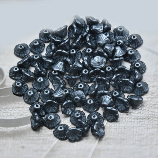 Czech Bell Flower Beads - White Alabaster Pastel Charcoal 5x8 mm, 02010-25037(300 pcs)