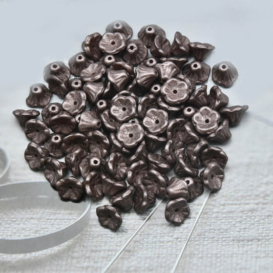 Czech Bell Flower Beads - White Alabaster Pastel Dark Bronze 5x8 mm, 02010-25036(300 pcs)