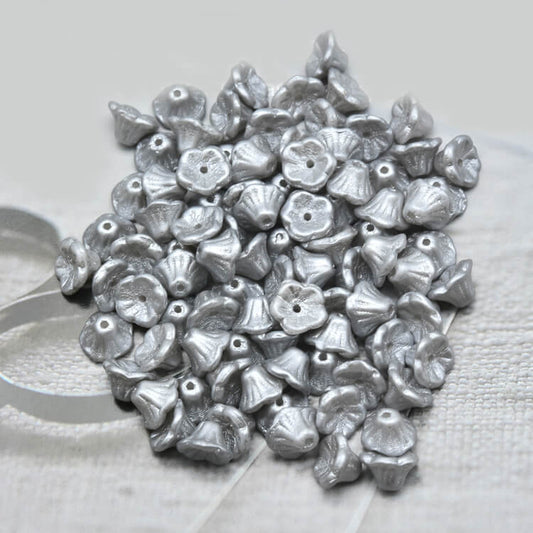 Czech Bell Flower Beads - White Alabaster Pastel Light Grey 5x8 mm, 02010-25028(300 pcs)