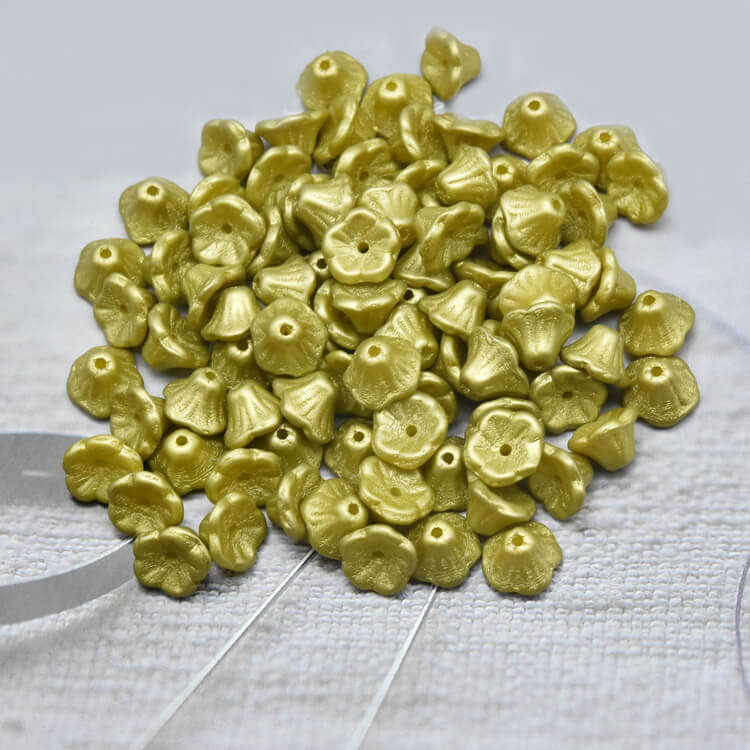 Czech Bell Flower Beads - White Alabaster Pastel Lime 5x8 mm, 02010-25021(300 pcs)
