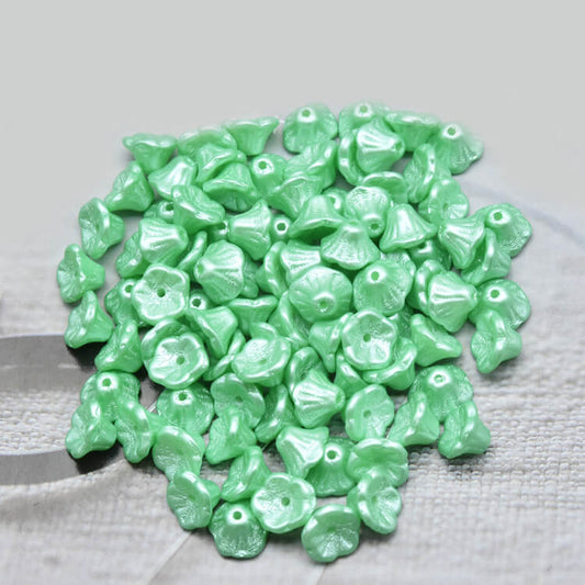 Czech Bell Flower Beads - White Alabaster Pastel Mint 5x8 mm, 02010-25025(300 pcs)