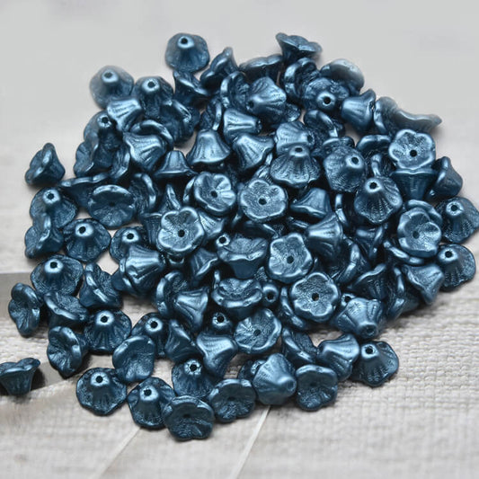 Czech Bell Flower Beads - White Alabaster Pastel Petrol Blue 5x8 mm, 02010-25033(300 pcs)