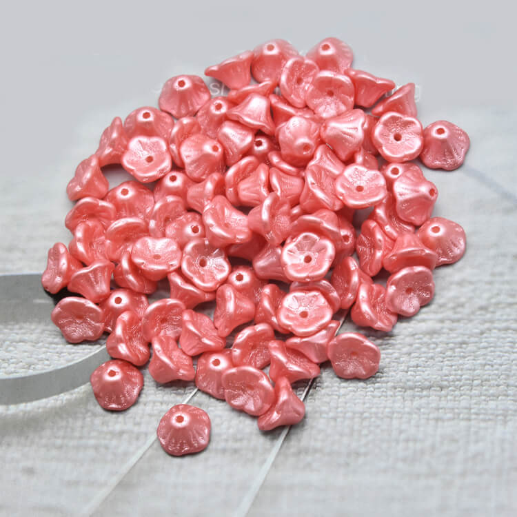 Czech Bell Flower Beads - White Alabaster Pastel Strawberry Pink 5x8 mm, 02010-25007(300 pcs)