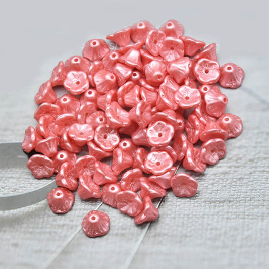 Czech Bell Flower Beads - White Alabaster Pastel Strawberry Pink 5x8 mm, 02010-25007(300 pcs)