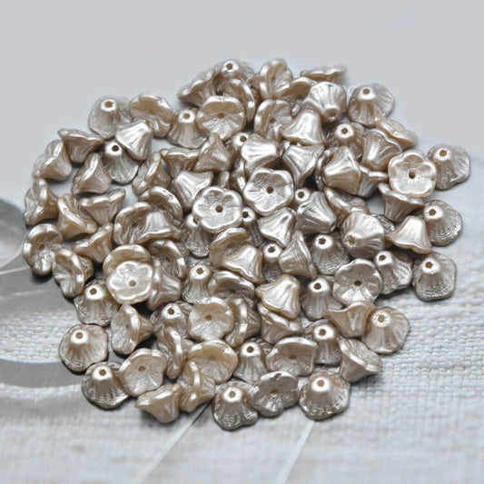 Czech Bell Flower Beads - White Alabaster Pastel Taupe  5x8 mm，02010-25005(300 pcs）