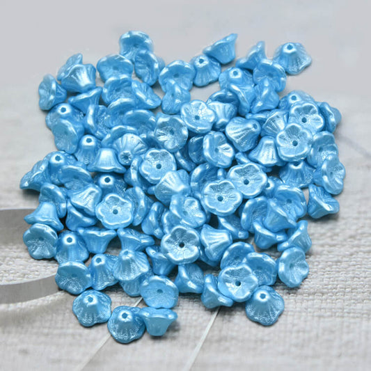 Czech Bell Flower Beads - White Alabaster Pastel Turquoise 5x8 mm, 02010-25019(300 pcs)
