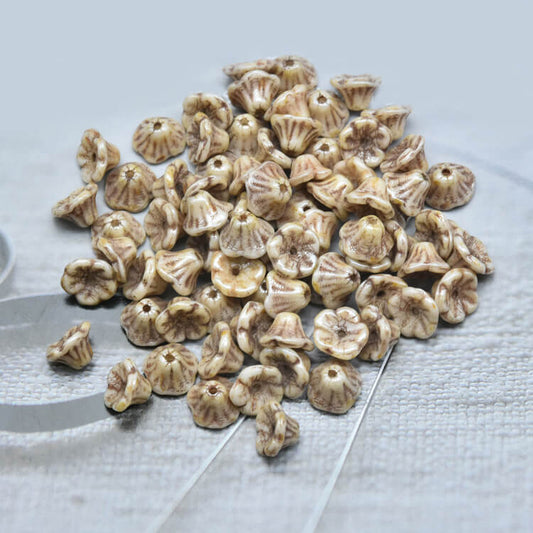 Czech Bell Flower Beads - White Alabaster Picasso Honey 5x8 mm, 02010-65401(300 pcs)