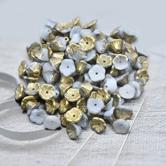 Czech Bell Flower Beads - White Alabaster White Amber 5x8 mm, 02010-26441(300 pcs)