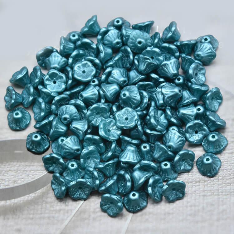 Czech Bell Flower Beads - Wihte Alabaster Pastel Emerald 5x8 mm, 02010-25043(300 pcs)