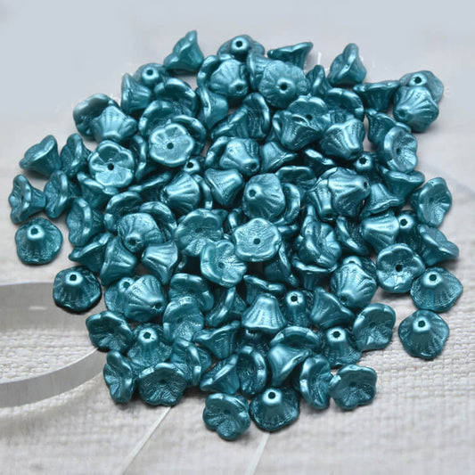 Czech Bell Flower Beads - Wihte Alabaster Pastel Emerald 5x8 mm, 02010-25043(300 pcs)