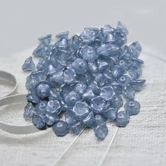 Czech Bell Flower Beads - Crystal Blue Luster 5x8 mm, 00030-14464(300 pcs)