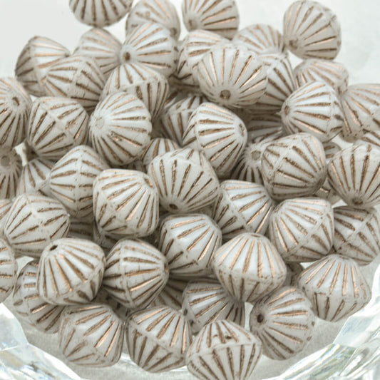 Czech Glass Bicone Beads – Opaque White with Bronze Wash 9mm，02010-43816 (100 pcs)