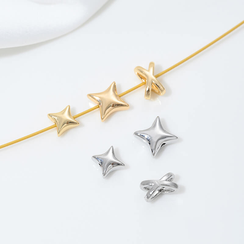 Four-pointed star beads, knotted ball spacer beads 14k gold-plated