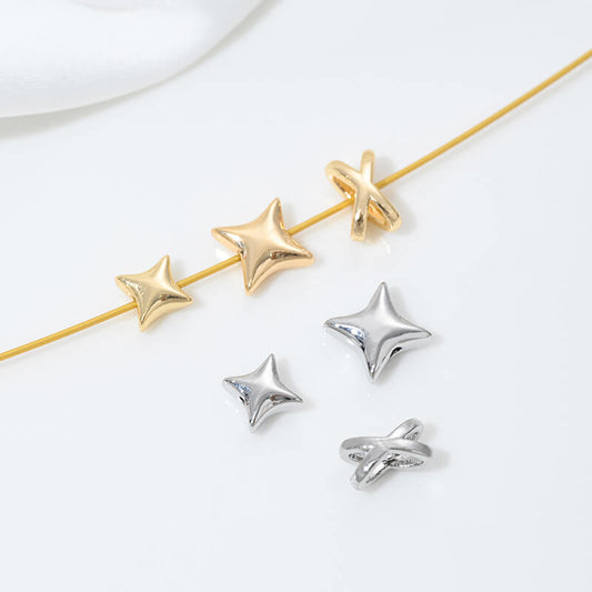 Four-pointed star beads, knotted ball spacer beads 14k gold-plated