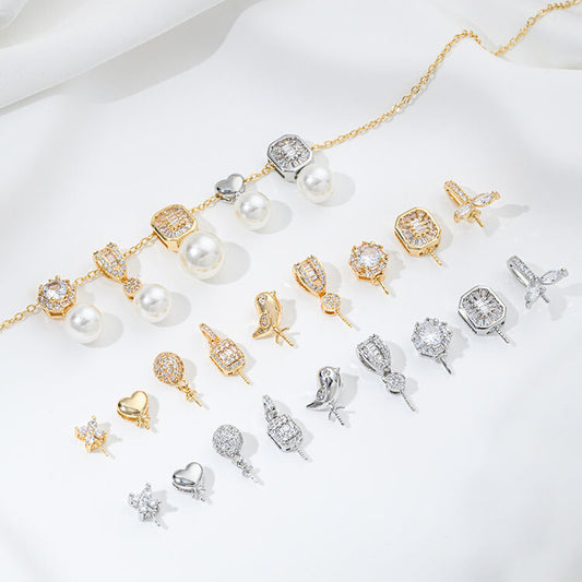 Geometric necklace pendant with zircon, bird, four-leaf clover, heart-shaped pearl setting
