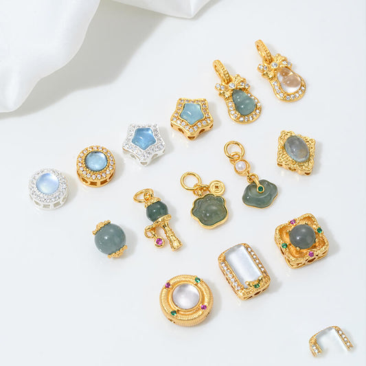 Inlaid with natural crystal aquamarine porous spacer beads jadeite water foam jade Ruyi gourd pendant