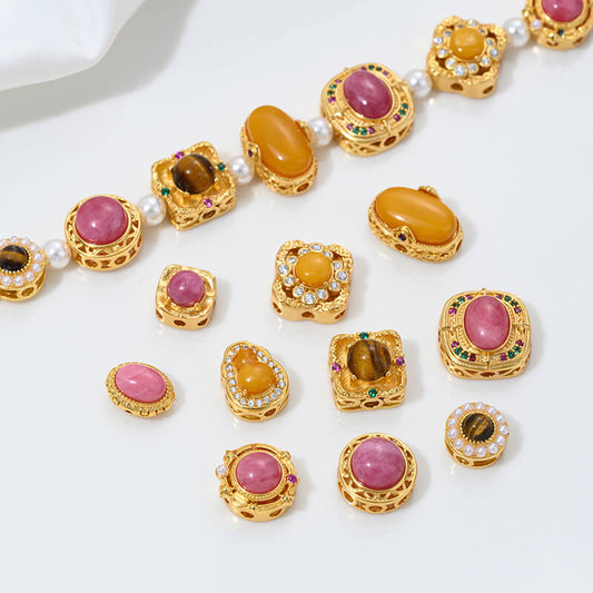 Inlaid with natural rose stone cabochon tiger eye stone beeswax porous spacer beads