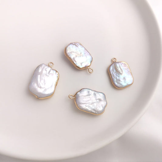 Baroque Square Teardrop Pearl Pendant 15×23mm | Gold Edge Single-Hole Charm