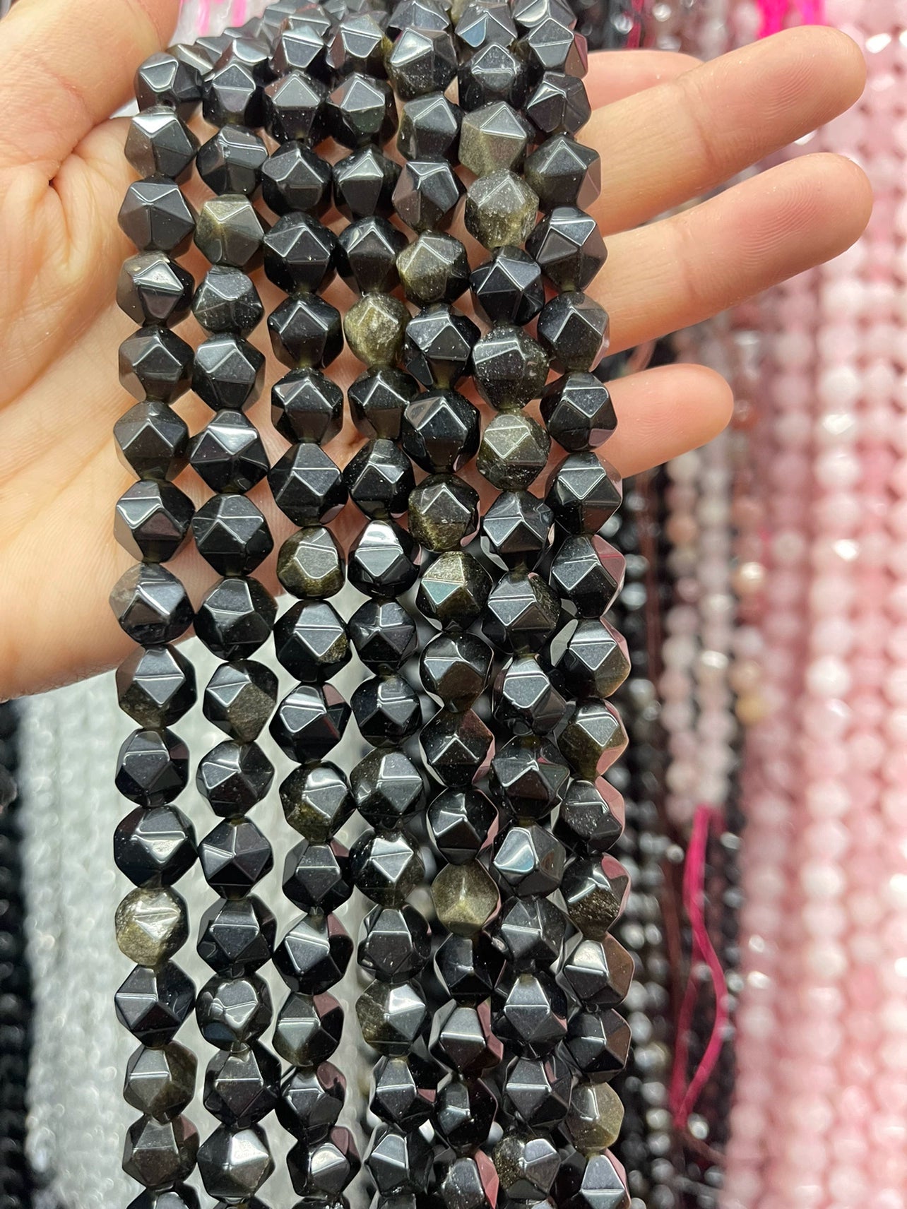 Cut faceted gold obsidian water grass agate spotted stone black line red line bracelet