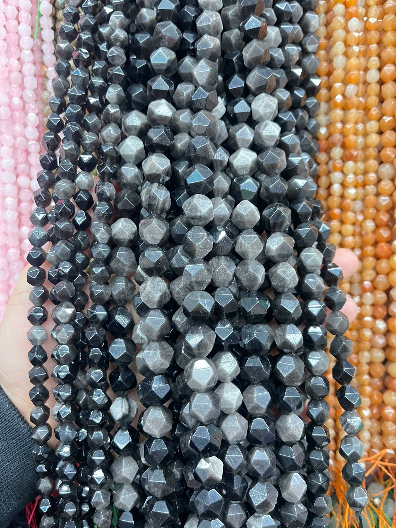 Large cut silver obsidian white chalcedony pink aventurine yellow aventurine loose beads bracelet