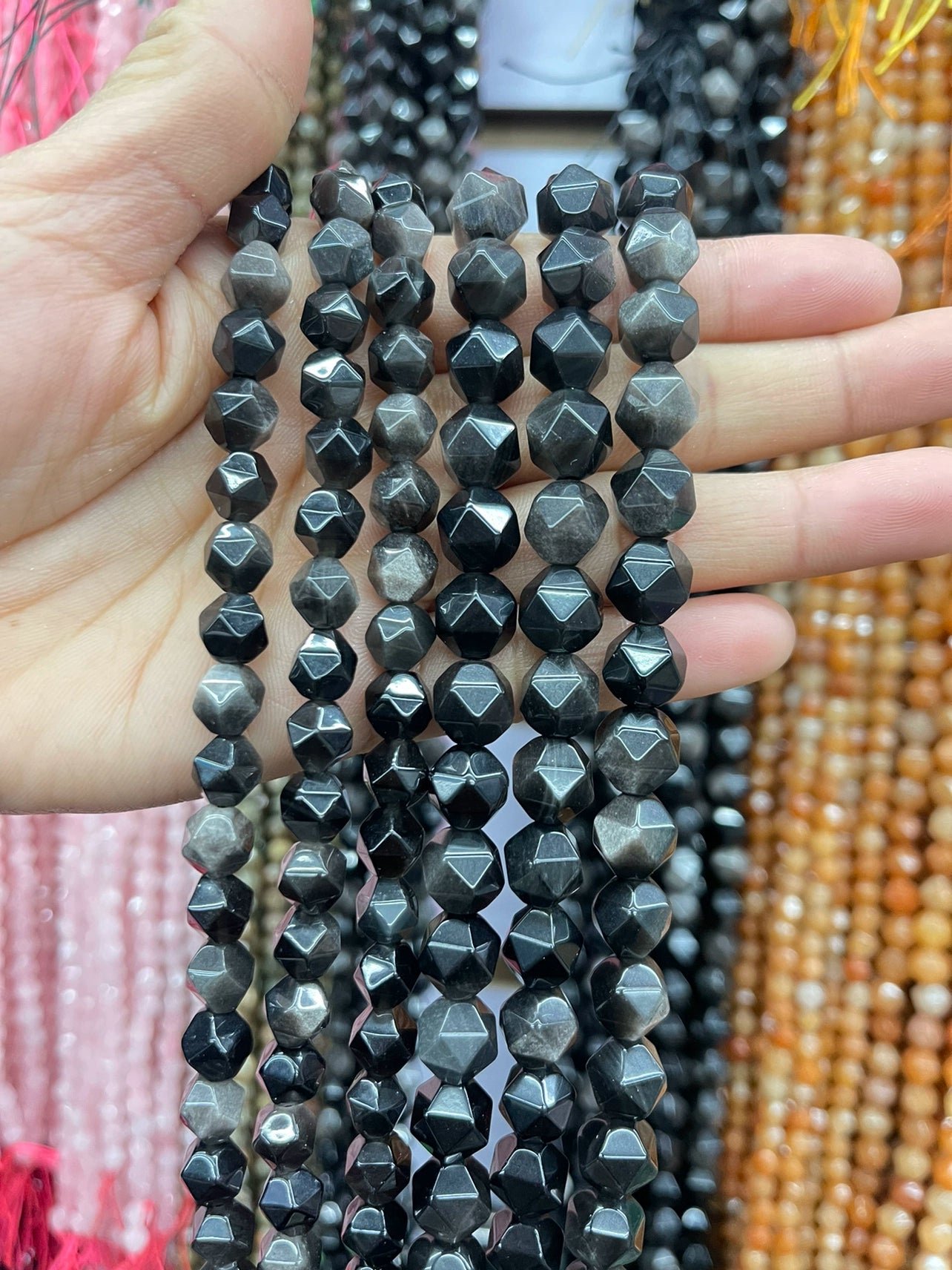 Large cut silver obsidian white chalcedony pink aventurine yellow aventurine loose beads bracelet