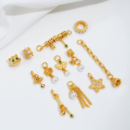Pearl-inlaid ring cat head spacer bead hanging bead bell chain tassel pendant