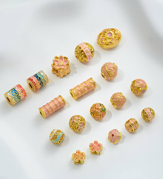 Pink oil-drop cloisonne pink cherry blossom spacer bead round ball straight tube