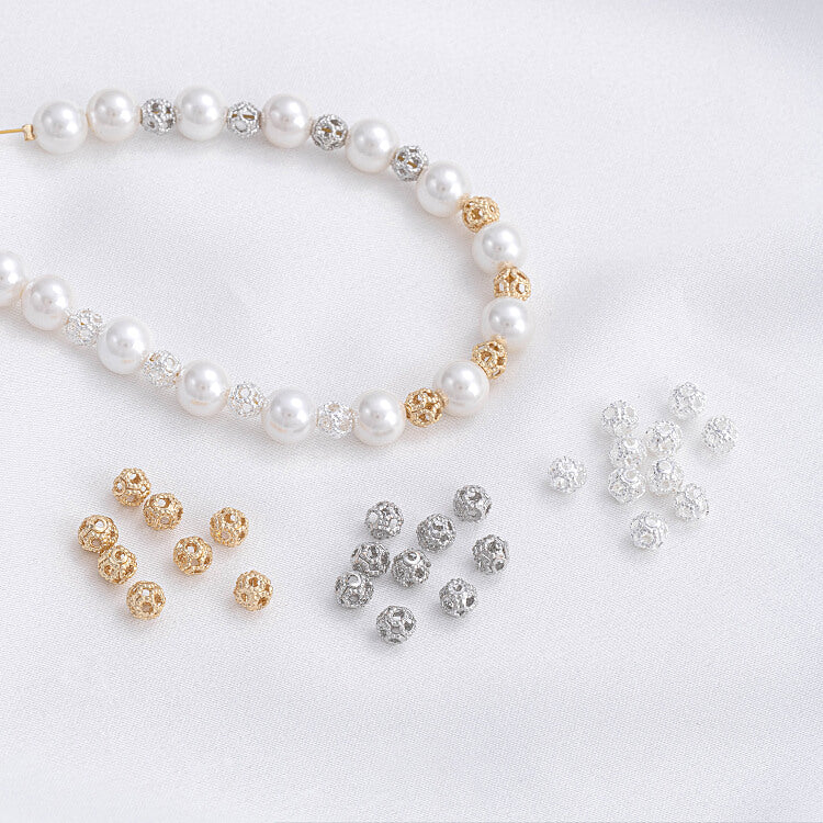 4mm Small flower ball hollow round beads 14k gold-plated silver platinum