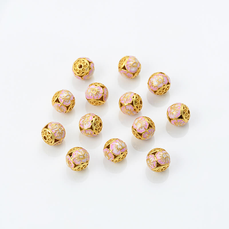 Gold-dripped cloisonne pink peach blossom hollow sphere copper coin lotus butterfly spacer beads