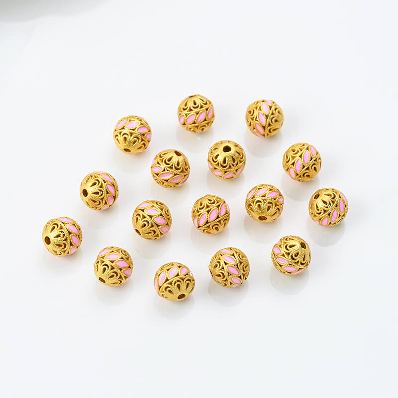 Gold-dripped cloisonne pink peach blossom hollow sphere copper coin lotus butterfly spacer beads