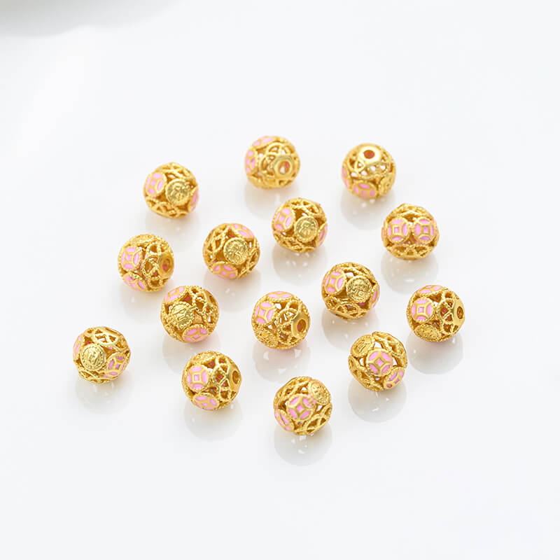Gold-dripped cloisonne pink peach blossom hollow sphere copper coin lotus butterfly spacer beads