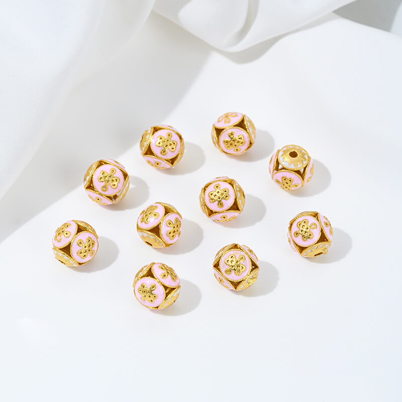 Gold-dripped cloisonne pink peach blossom hollow sphere copper coin lotus butterfly spacer beads