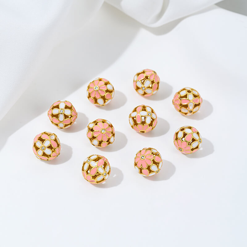 Gold-dripped cloisonne pink peach blossom hollow sphere copper coin lotus butterfly spacer beads