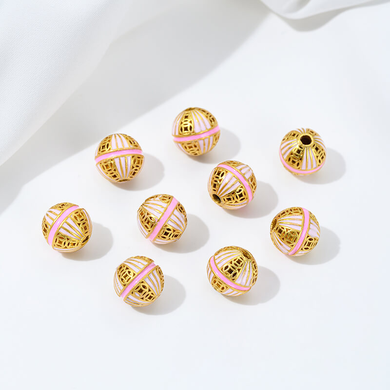Gold-dripped cloisonne pink peach blossom hollow sphere copper coin lotus butterfly spacer beads