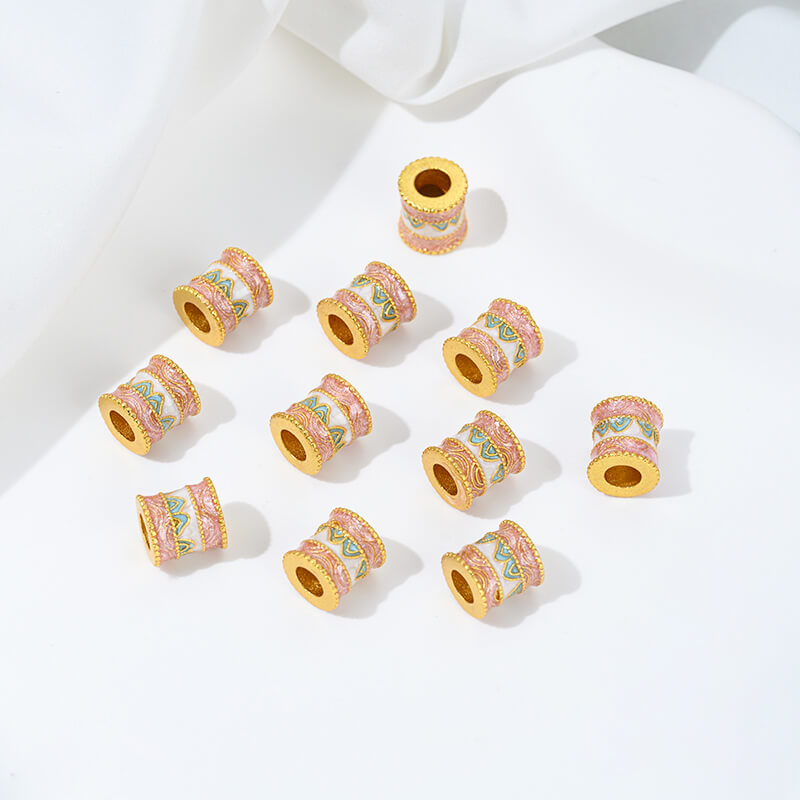 Gold-dripped cloisonne pink peach blossom hollow sphere copper coin lotus butterfly spacer beads