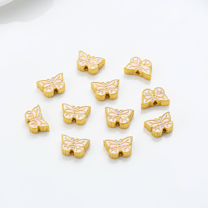 Gold-dripped cloisonne pink peach blossom hollow sphere copper coin lotus butterfly spacer beads