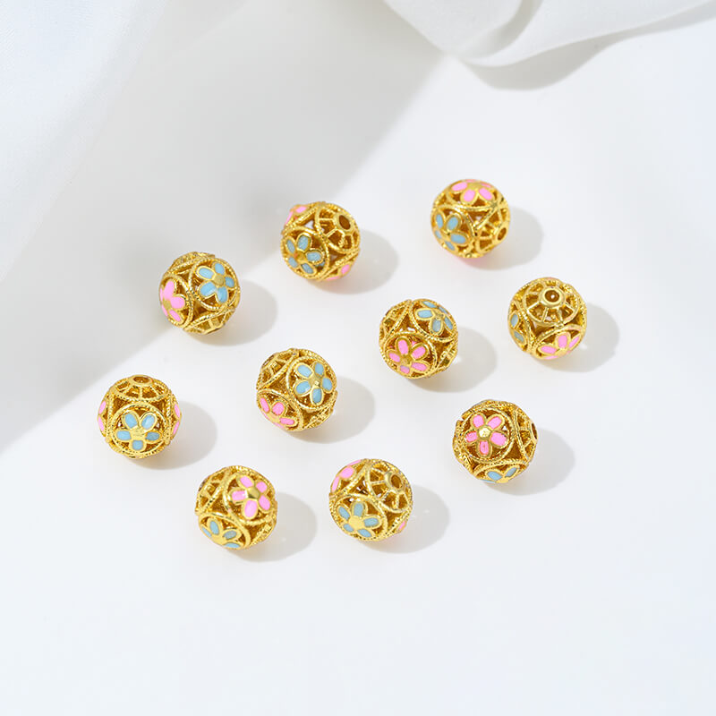 Gold-dripped cloisonne pink peach blossom hollow sphere copper coin lotus butterfly spacer beads
